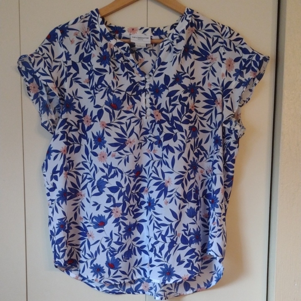 Liz Claiborne Blue and White Boxy Blouse with Mandarin Collar